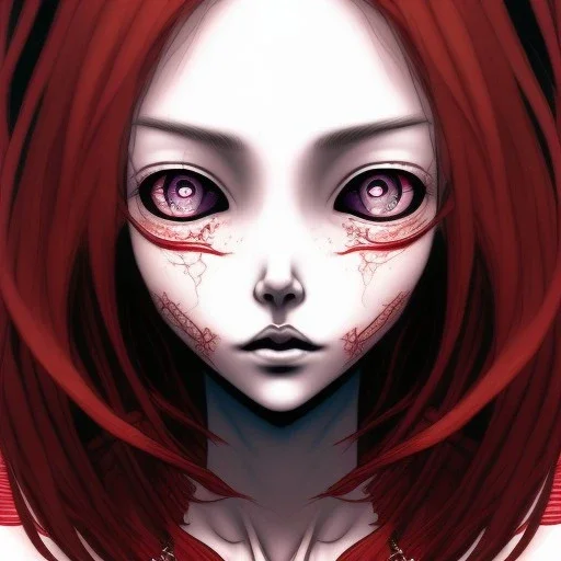 multiple eyes girl everywhere Junji Ito style, darkred tones,