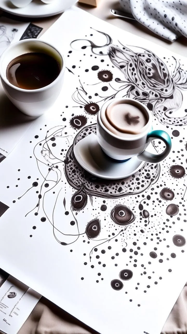 Tattoo on white paper, anatomical coffee, bright brown drawing, black paint strokes on background, large black strokes background, polka dot pattern