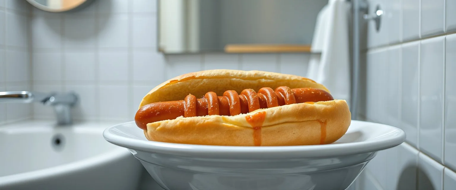 hot dog in bread sleeping in bathroom