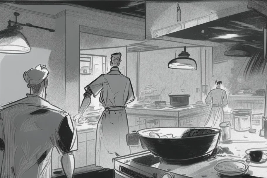 black and white storyboard, wide, on the Foreground there is a man and in the background, 3 chefs, scattered throughout the kitchen cooking, frying, cutting