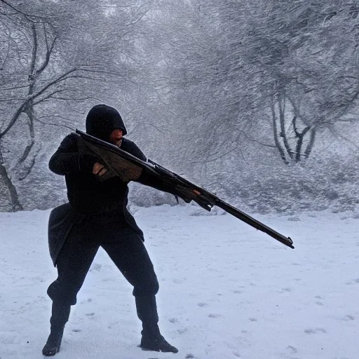 Lone assassin with tawor rifle fighting terrorists in the snow