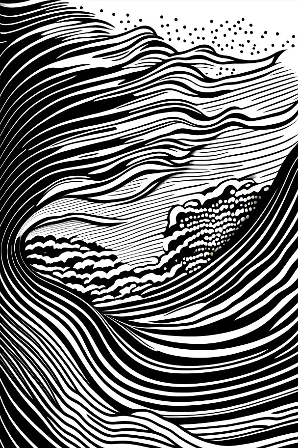 waves art, black and white, line art rough