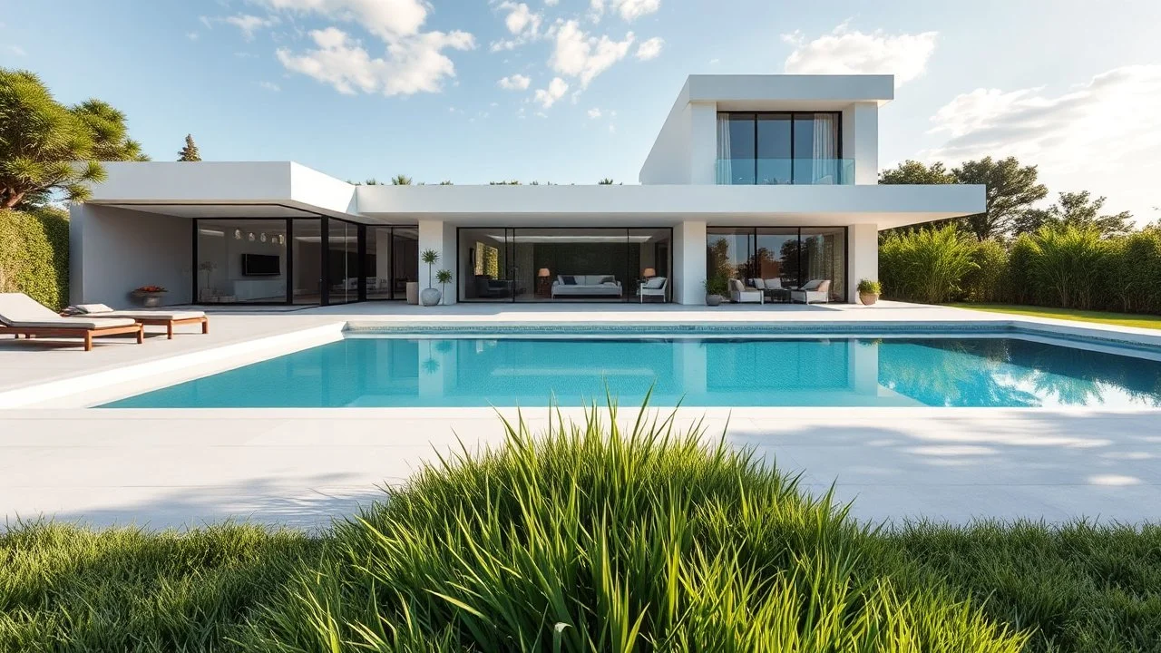 big beautiful modern villa with a large garden and grass in front no pool