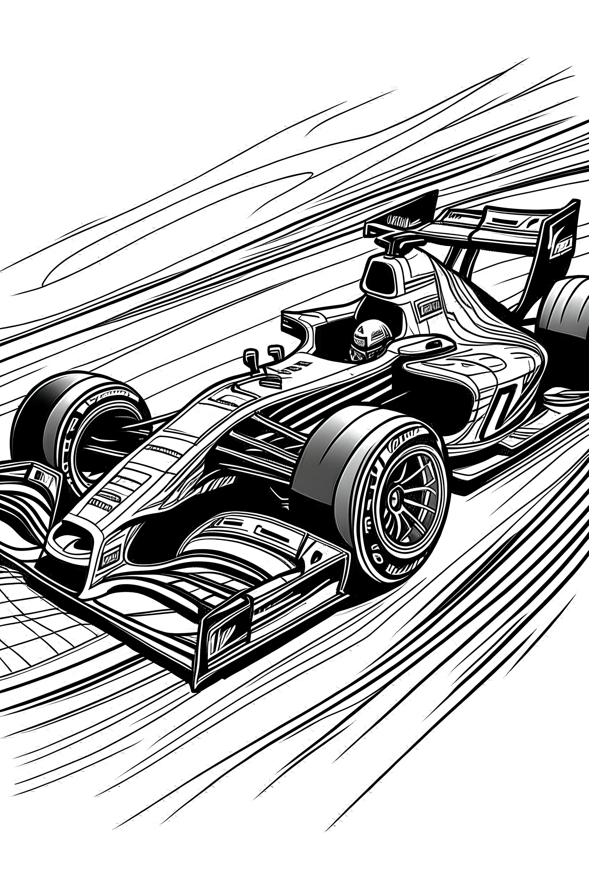 coloring book page,Decorate a Formula 1 car with vibrant colors and sponsor logos as it speeds around the track. ink drawing clipart, simple line illustrations, black and white