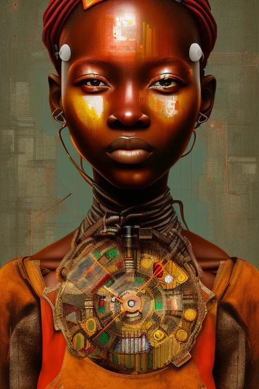 african portrait in rusted clocks, rust, scaffolding, ghana colours, cyberpunk, high detail