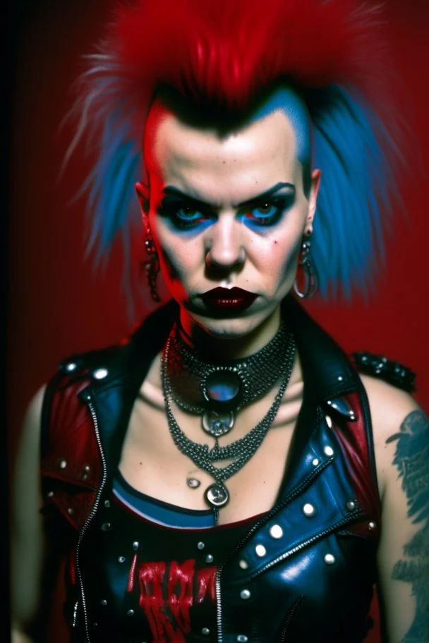 photo of a beautiful Polish young punk woman taken by a Mamiya M645 camera with portrait lens on colour medium-format film, red lips, blue eyes, red mohawk, black leather jacket, Ramones style, heavy boots, fishnet stockings, torn t-shirt, nosering, few earrings, belly ring