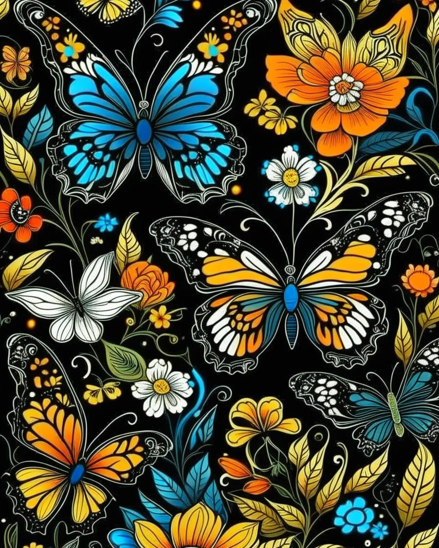 whimsical butterfly and flower, backwound black for adults