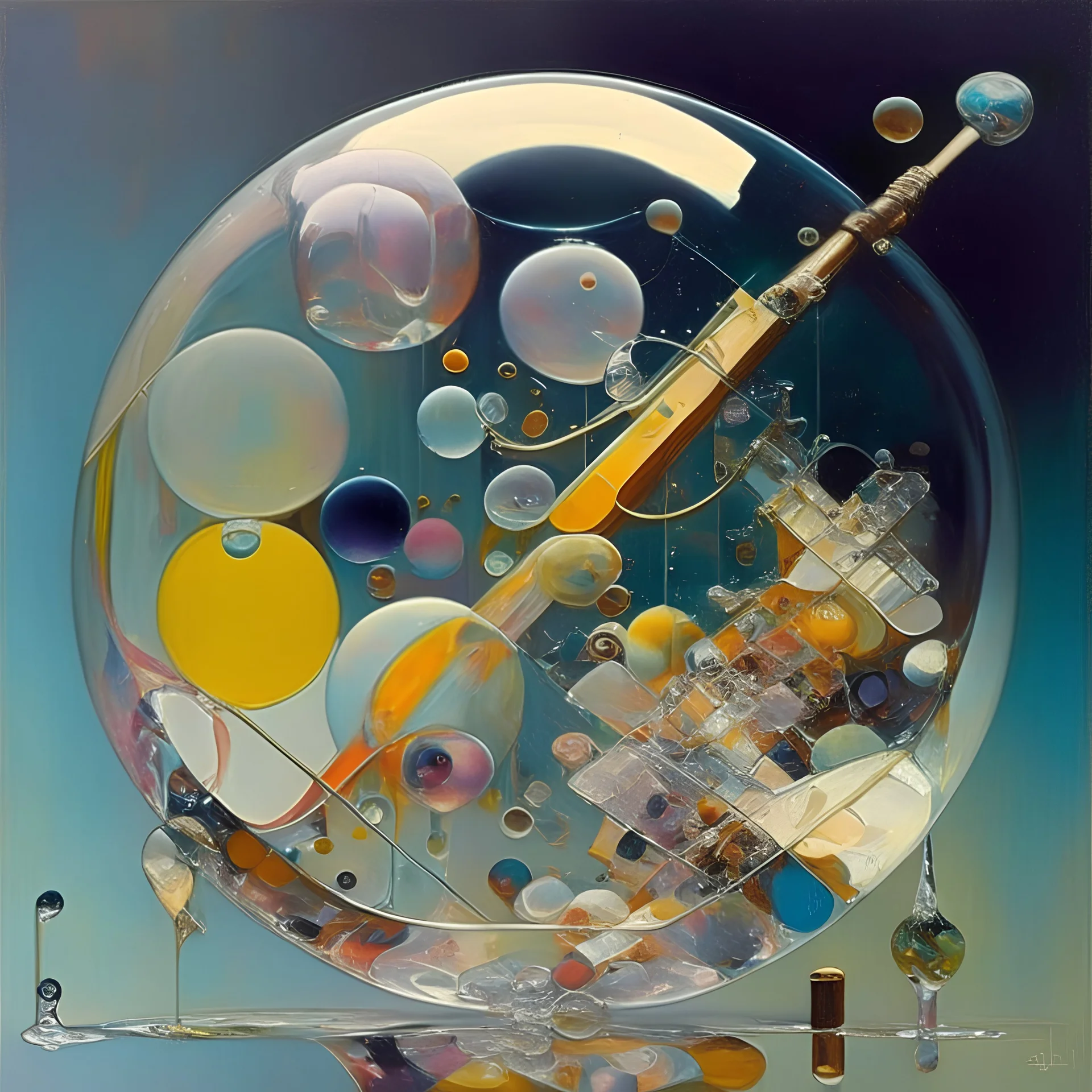 multiverse-like soap bubble that is made up of complex surgical instruments mixed with musical instruments,minimalism,painting by Adrian Ghenie,Lucian Freud,Rene Magritte,Salvador Dali,Pablo Picasso,Michelangelo,Leonardo Da Vinci,