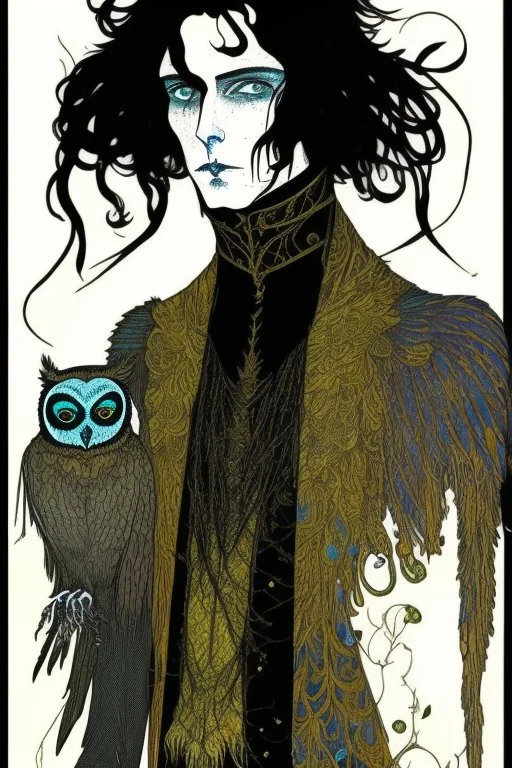 Black haired, owl-man, Skinny, warlock, in the style of Harry Clarke