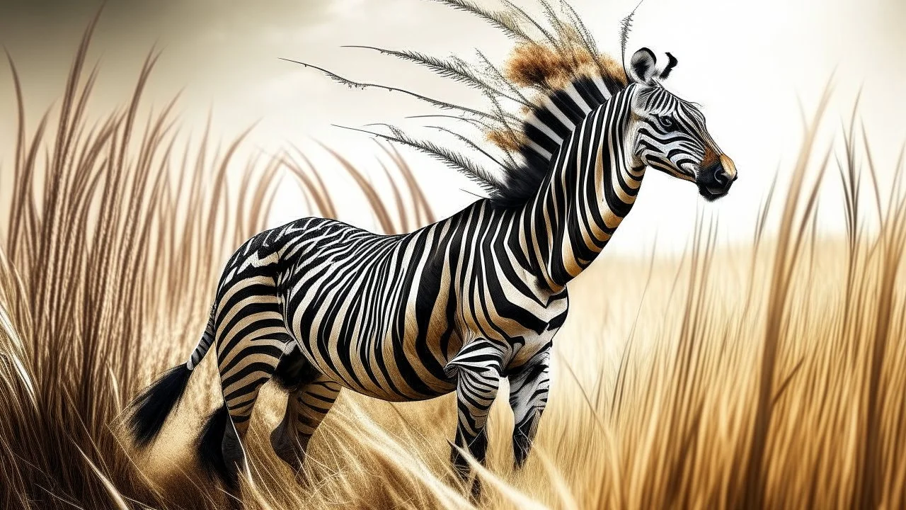 Metamorphosis of a zebra into a phoenix in a meadow of tall dry grass