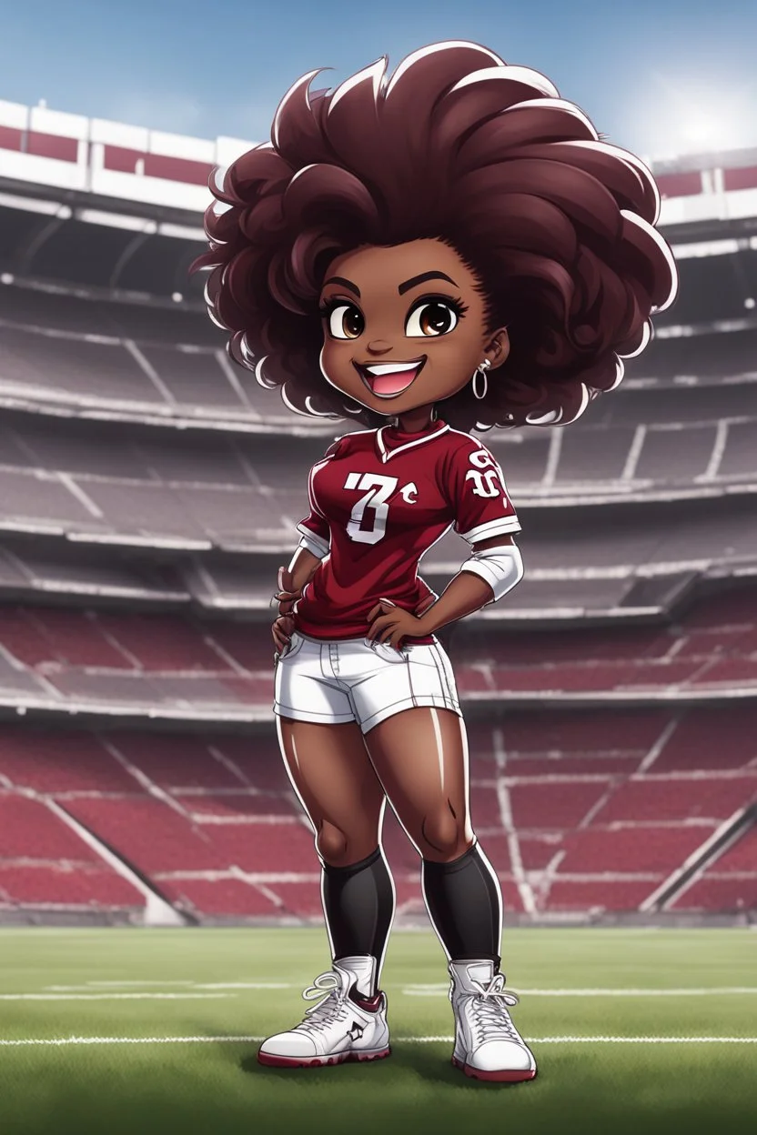 A sassy thick-lined airbrush cartoon image of a black chibi girl standing in front of a football stadium. She is wearing gamecocks jersey Garnet, black and white jersey blouse and tight white jeans behind her curvy body. Looking up coyly, she grins widely, showing sharp teeth. Her poofy hair forms a mane framing her confident, regal expression. Prominent makeup with hazel eyes. Hair is highly detailed.