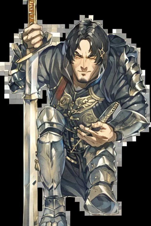 A handsome 30 year old knight, black hair, male bob haircut, in black-and-gold plate armor, golden katana in both hands, no beard, european, proper arms