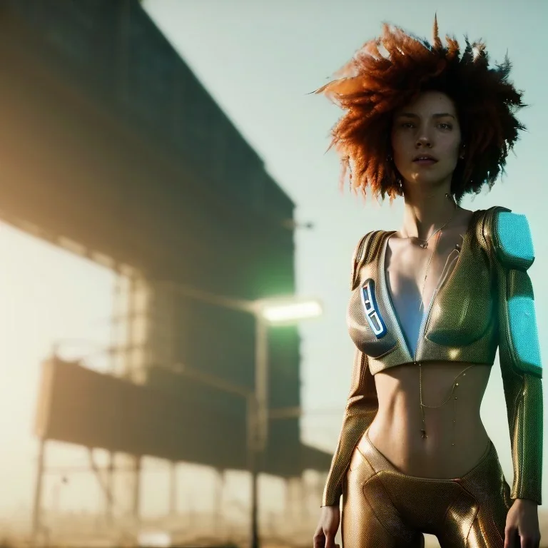 A beautiful portrait of a cyberpunk woman with lot's of grain on her skin red head with natural curly hair flying in the wind cyborg smiling facing camera orange color scheme, high key lighting, volumetric light high details with white stripes and feathers unreal 5, octane render, cinema4d, dynamic lighting, dramatic lighting, 4k, redshift render, highly detailed, hyper realistic