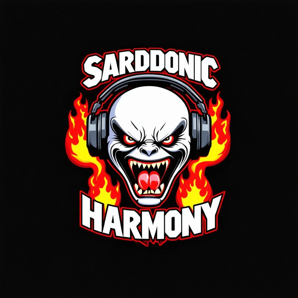 A logo for a rock band inspired by the styles of Ed "Big Daddy" Roth. The text "SARDONIC HARMONY" is written in a futuristic, robotic font. Below the text, there is a sinister, evil marshmallow head with headphones. The marshmallow head is breathing red flames. The background is dark.