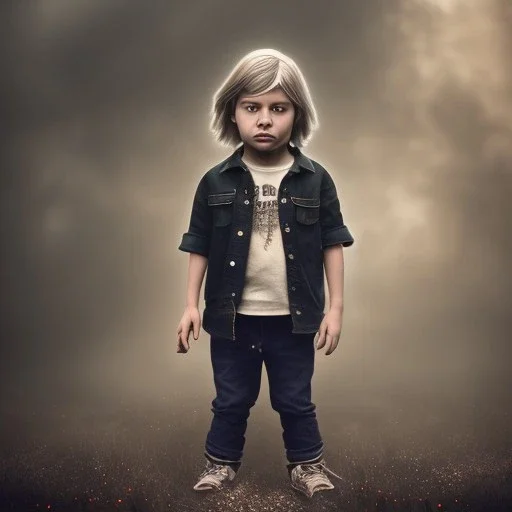 Mystery Kurt cobain toddler, full body, dramatique, art background, dramatic lighting, volumetric lighting, hyperrealisme, 8k, high quality, lot of details, fit within portrait