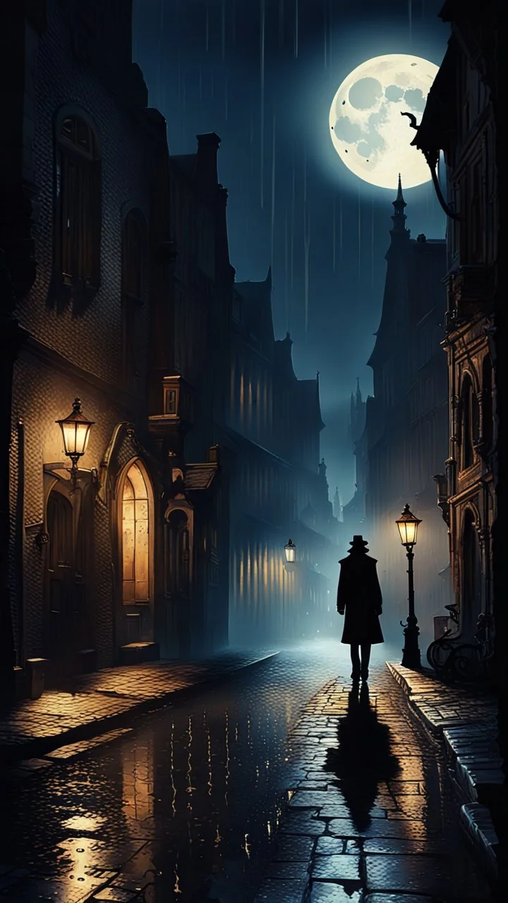 Ultra-detailed digital image of the old city street at night under the moonlight with the silhouette of a passerby, gothic medieval atmosphere, inspired by old Paris, slight horror flavor, sadness, regret and heartbreak, inspired by the stories of H.P. Lovecraft, Close-up, Low Angle, Imitation of a Real Oil Painting, Dripping Paint, Balanced Composition, Sense of Depth in the Scene, Dark Colors, Professional Hollywood Color Correction, Intricate Details, Highest Display Quality, Octane Rendering