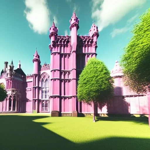 concept art, concept design, neogothic palace, neo gothic, aesteric, pink walls, pink exterior, glass exterior, english garden around, gardens, plants, trees, volumetric light, photorealistic, high quality, cinematic, sunny, natural blue sky, cozy clouds, green lawn grass, natural pound, retro cars outside