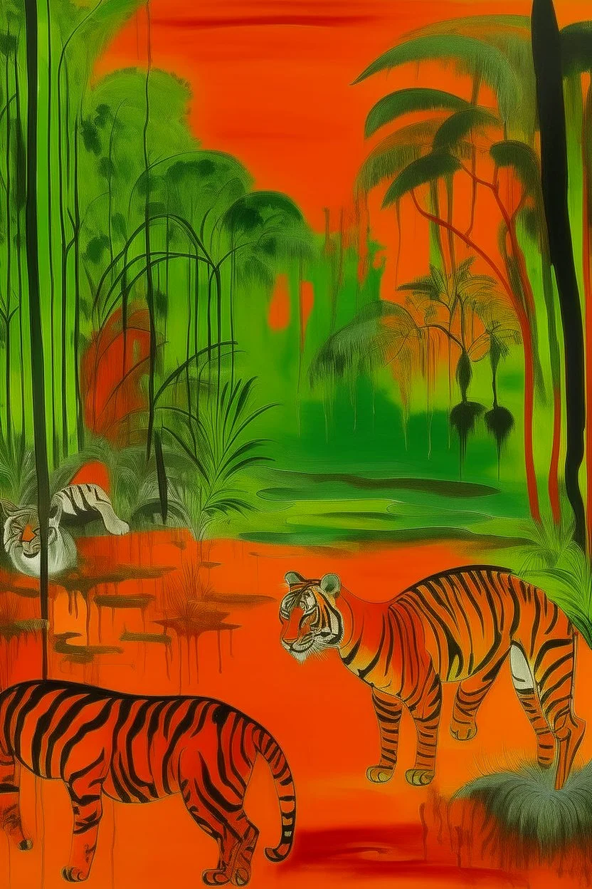 An orange colored jungle with devilish tigers and an acid lake painted by Mark Rothko
