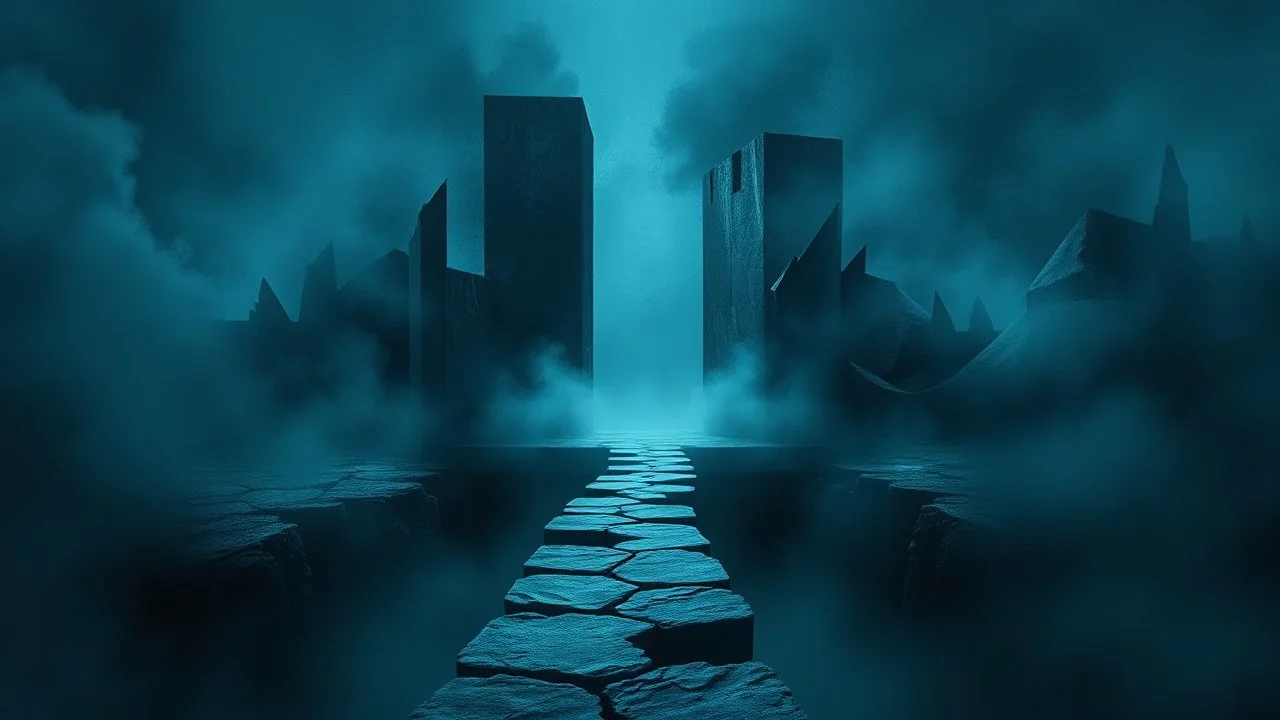 A surreal, dark and cold abstract artwork dominated by deep blue, icy cyan, charcoal black and muted steel-grey tones. A mysterious, impossible passageway emerges from an abstract distorted landscape, surrounded by thick atmospheric fog and drifting mist. The space feels dreamlike, alien and unsettling, with fragmented geometric forms, floating architectural fragments and unnatural perspectives. At the center of the composition visible cracked stone way over abyss