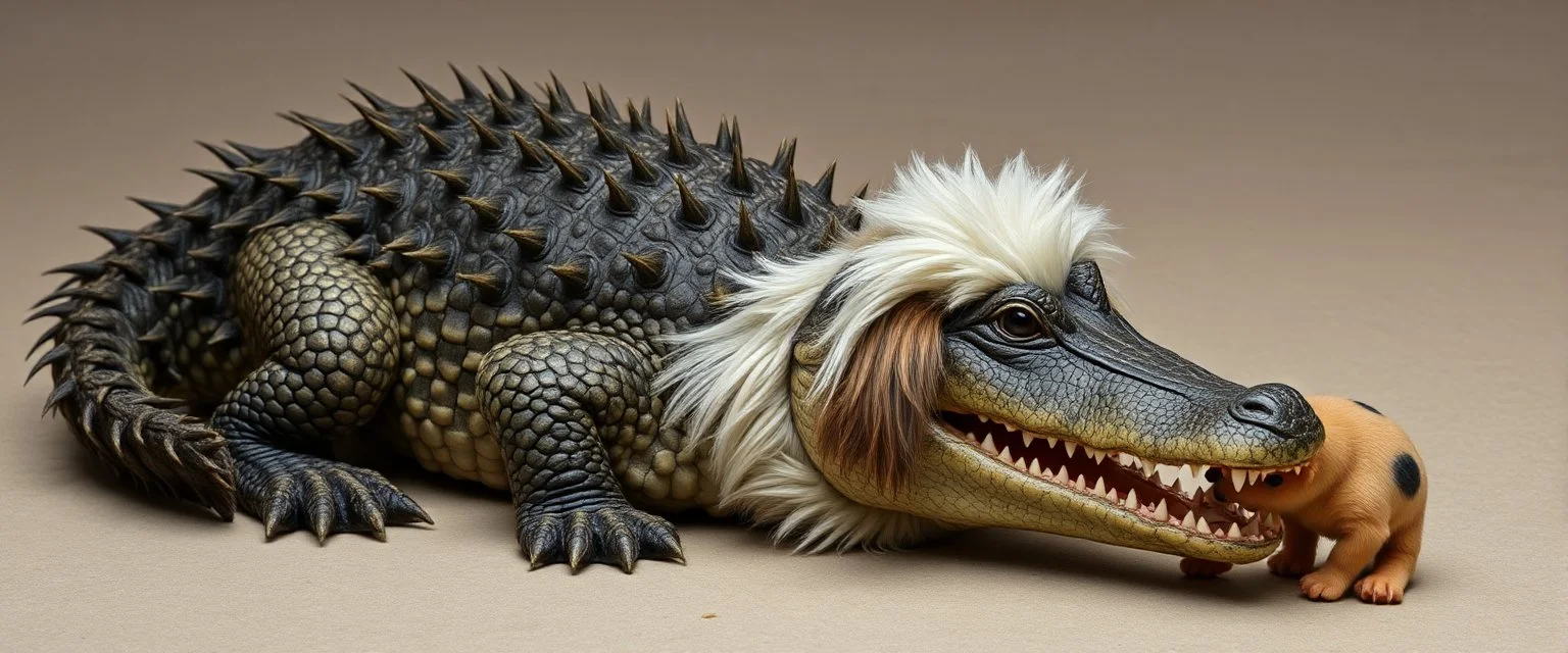 crocodile dog with fluffy hair, doing dog things and eating small dog
