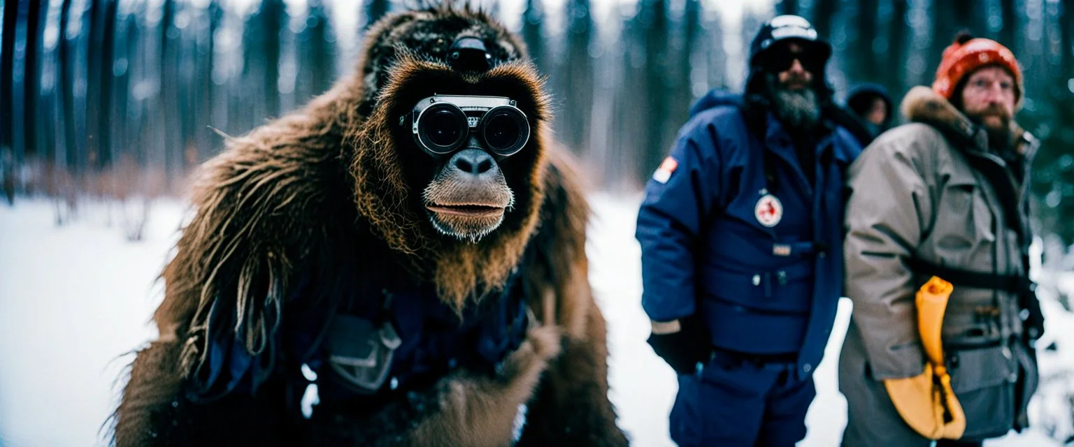 close up documentary photography, Baby Yeti, young Bigfoot, Dystopian, Japanese, Extreme depth of field, bokeh blur, winter, blizzard, Alberta, all-natural, in the style of candid, imperfection, natural lighting, Professional shot, shot on Agfa, Fuji Film, Anamorphic lens, 1980s, --ar 4:5 --w 150 --style raw