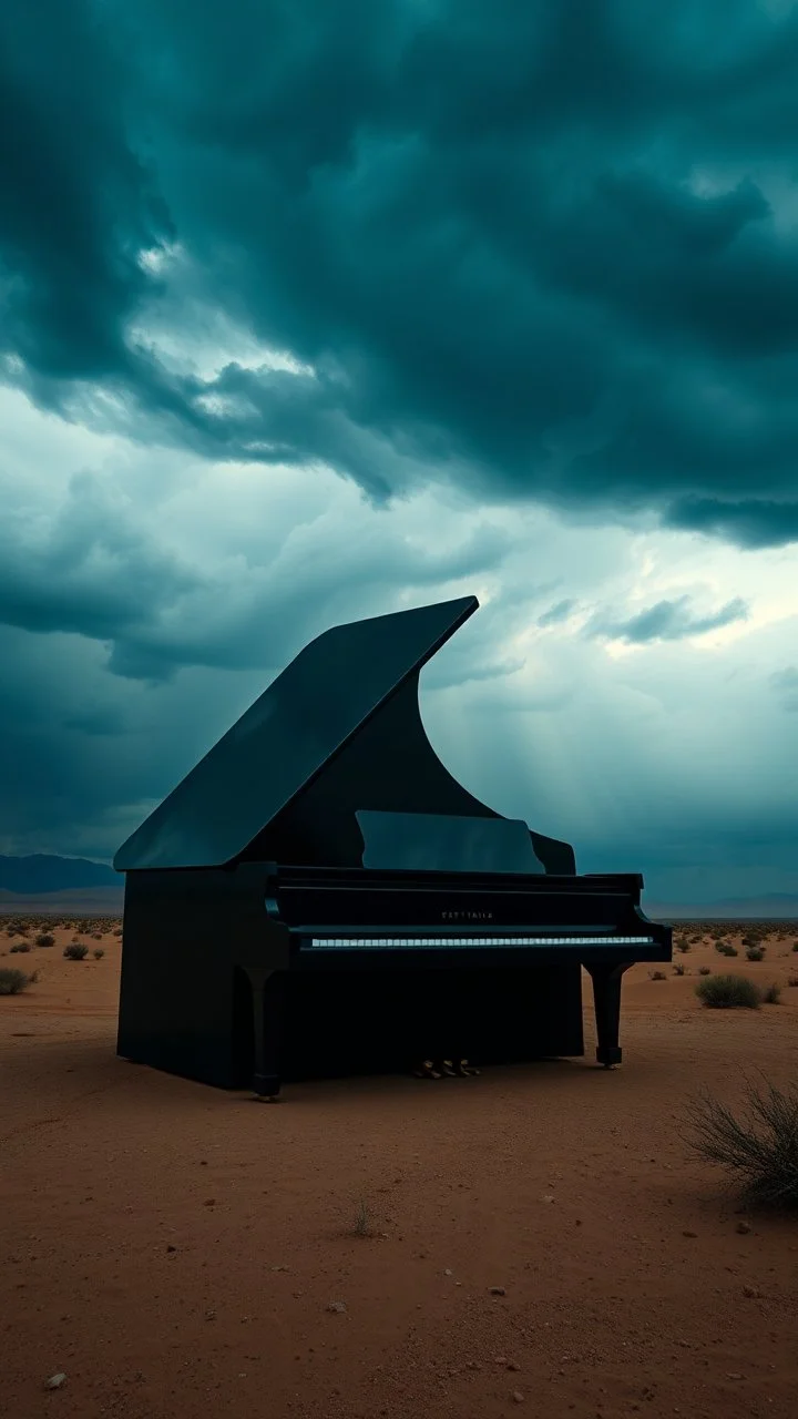A big black piano in the middle of a stormy wether in the desert, camera looks from ground up to the top of the piano , surreal a highly quality 8k photo