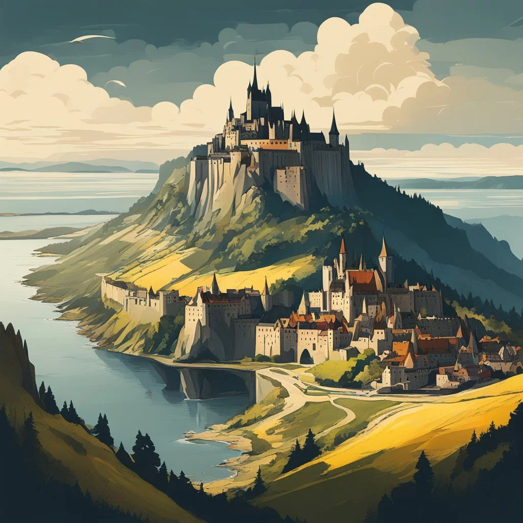 a mythical version of the Mont Saint Michel, in the style of Tolkien