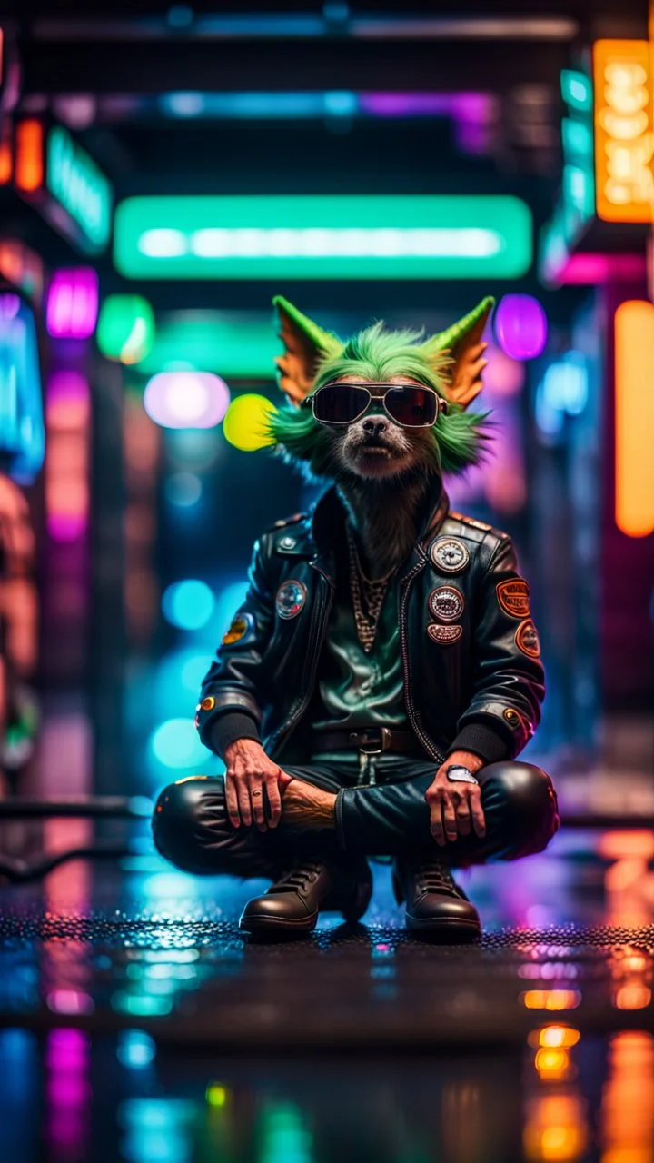 portrait of slick lord water wolf Gremlin myth buster pimp ninja yoga cyber punk in flying hipster lawn Harley Davidson parked in dark neon lit reflective wet arcade hall tunnel,bokeh like f/0.8, tilt-shift lens 8k, high detail, smooth render, down-light, unreal engine, prize winning