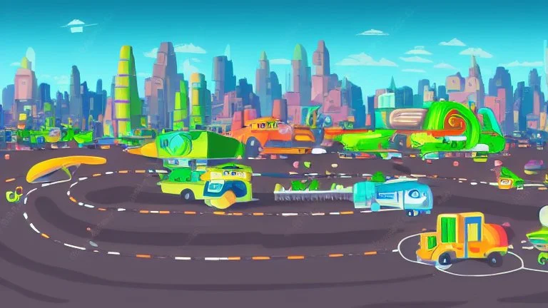 busy alien town, with people, alien buildings, curved roads, vehicles, and spaceships, from ground level