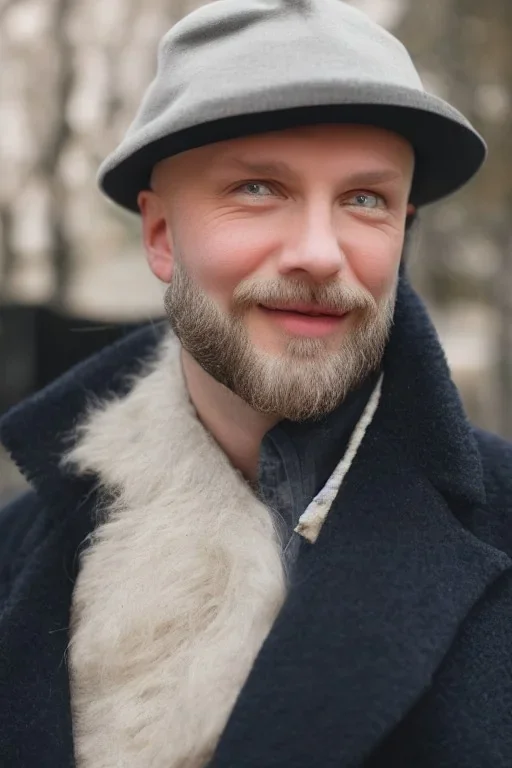 White skin bald man with brown little beard and blue eyes in elegant black coat and hat