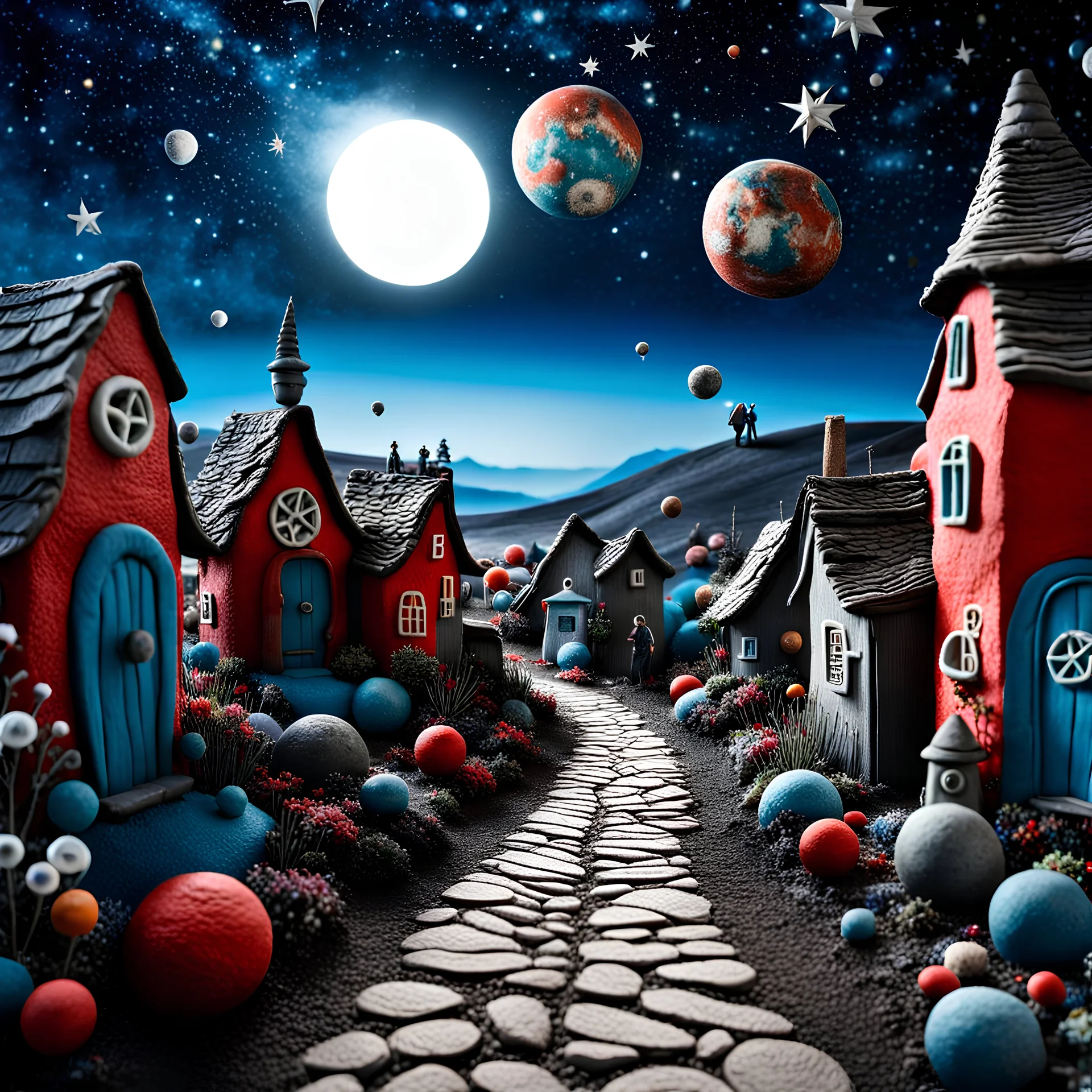 Detailed people, odd, creepy street made of modeling clay, giant sky, naïve, kh7, village, stars and planets, splimapys, sun, splops, volumetric light flowers, naïve, Tim Burton, strong texture, sgudyut, orero dream, extreme detail, 2mkl, Max Ernst, odd, decal, rich moody colors, sparkles, Harry Potter, bokeh