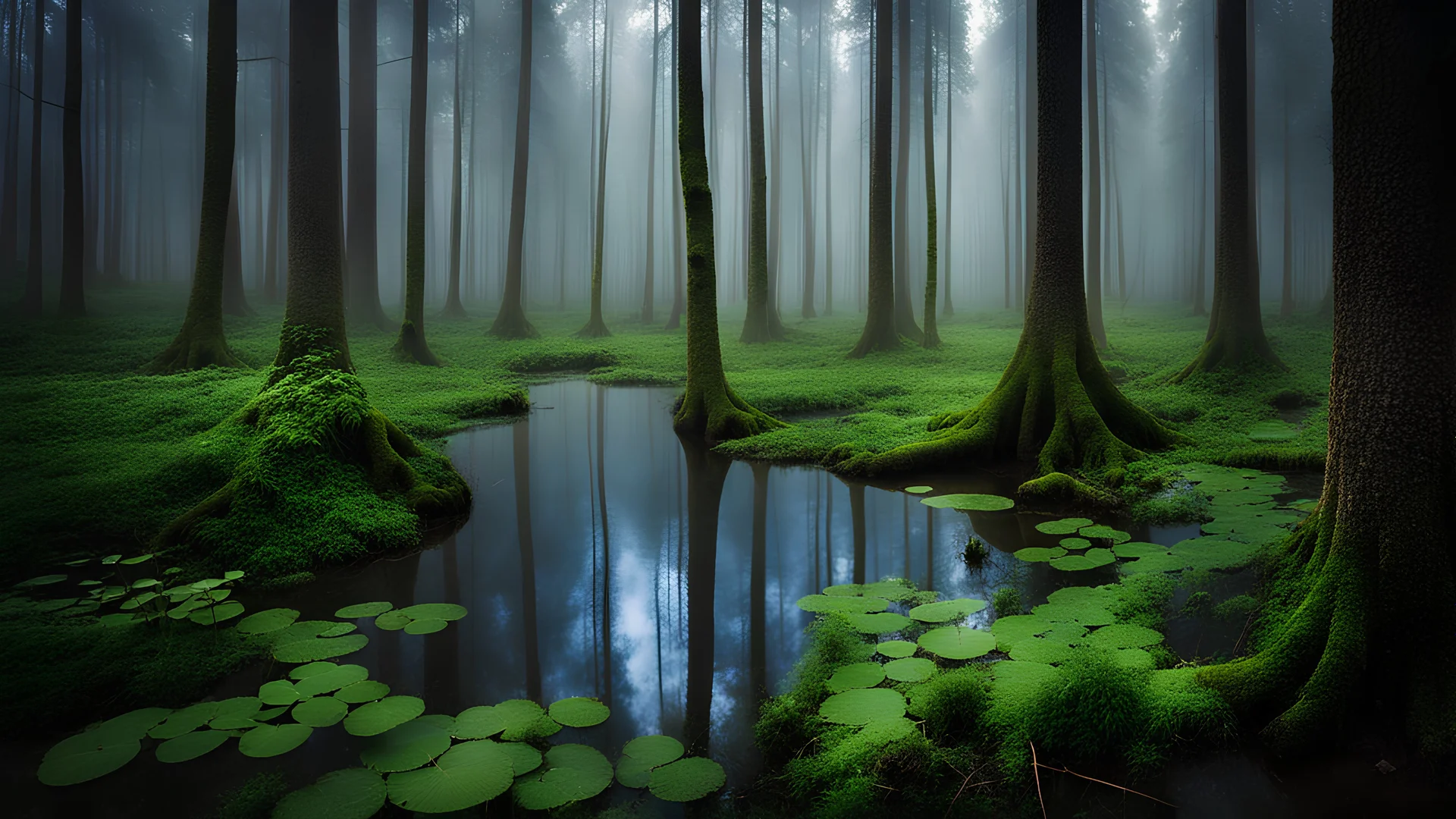 photograph of an outdoor scene of a tranquil misty swamp like forest with lush thin trees, healthy greens, blue sky