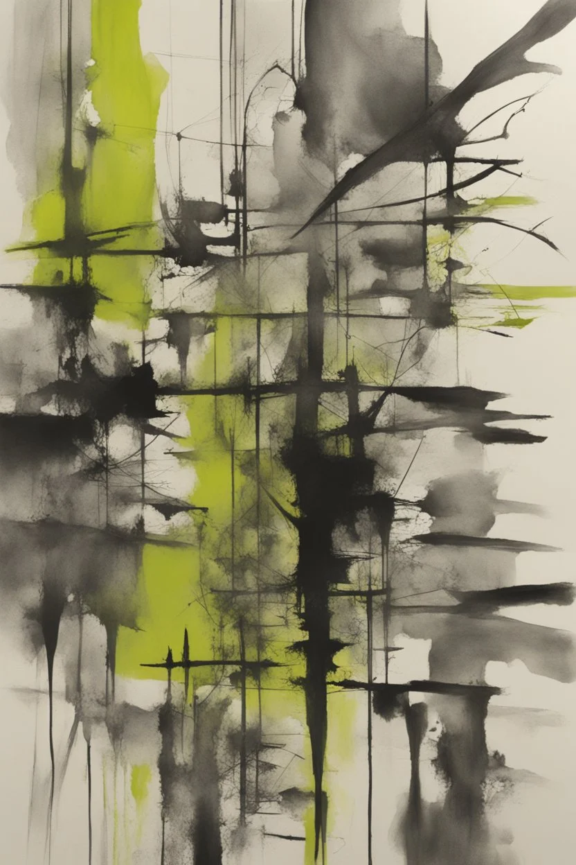 concepts are connections between percepts; black and white Ink wash with Chartreuse accents