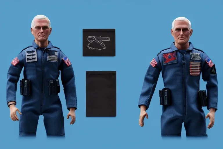 Mike Pence as G.I. Joe Doll toy With a pistol space force Commander Blue fabric uniform, black Moonboot in plastic packaging