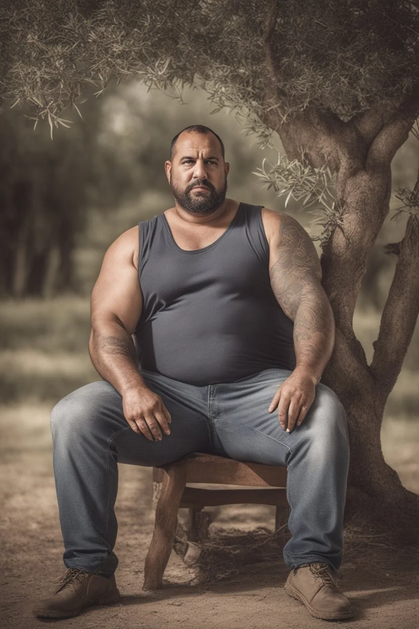 half figure shot photography of a marocan ugly dirty burly muscular chubby farmer 36 years old, bullneck, strong arms, big belly, manly chest, very sweat, short beard, tattoo, curly hair , short bulging pants, open legs sitting on a chair under an olive tree , big tights, barefoot, ambient occlusion, hyper detailed photography, photorealistic, 35mm lens, side light, frontal view from below, natural colors