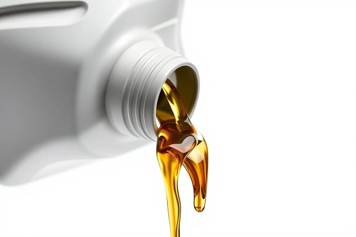 a plastic motor oil bottle floating on side pouring out oil the opening. white background, Smooth vector