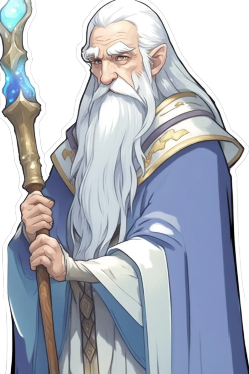 a drawing of a wizard holding a wand, by Kanbun Master, reddit, hurufiyya, he is a long boi ”, dwarf with white hair, discord profile picture, semi realistic