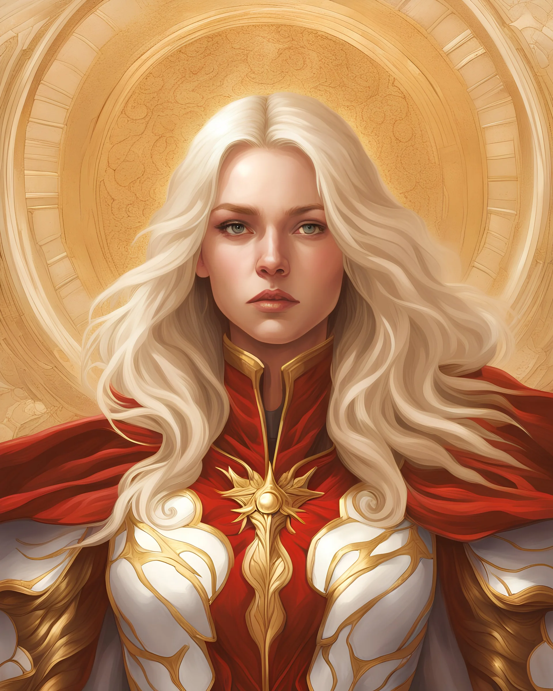beautiful girl, floating golden halo above her, glowing golden eye, platinum blonde hair, long wavy hair, wearing expensive detailed intricate white leather armor, wearing red detailed cape, full body, war in the background, realism, realistic