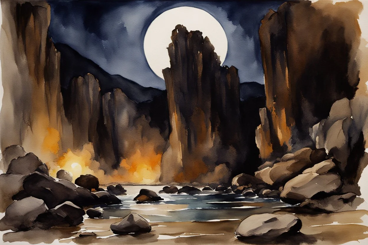 Night, rocks, gothic horror movies influence, mountains, epic, john singer sargent watercolor paintings