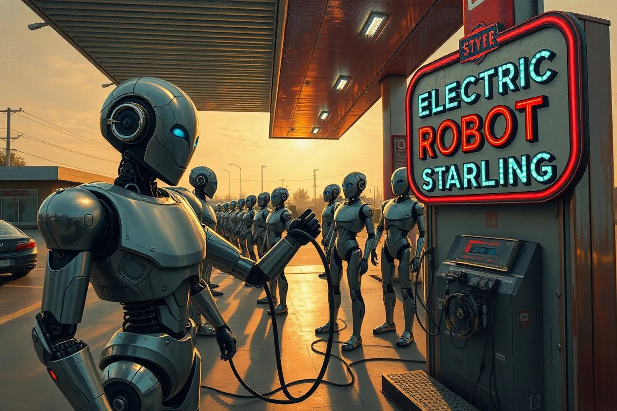 A cinematic wide-angle oil painting of a humanoid robot plugging a thick electric charging cable into its torso port at a futuristic charging station within a retro-style gas station. A long line of identical humanoid robots stands patiently behind, waiting for their turn to recharge. A large vintage-style sign to the side reads 'Electric Robot Charging Station.' The scene is bathed in golden-hour lighting, with rich, noisy colors, expressive thick brushstrokes, intricate steampunk elements, glo