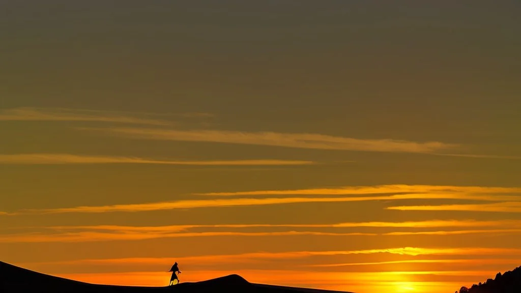 Silhouette of a lone rider on the green hill at sunrise