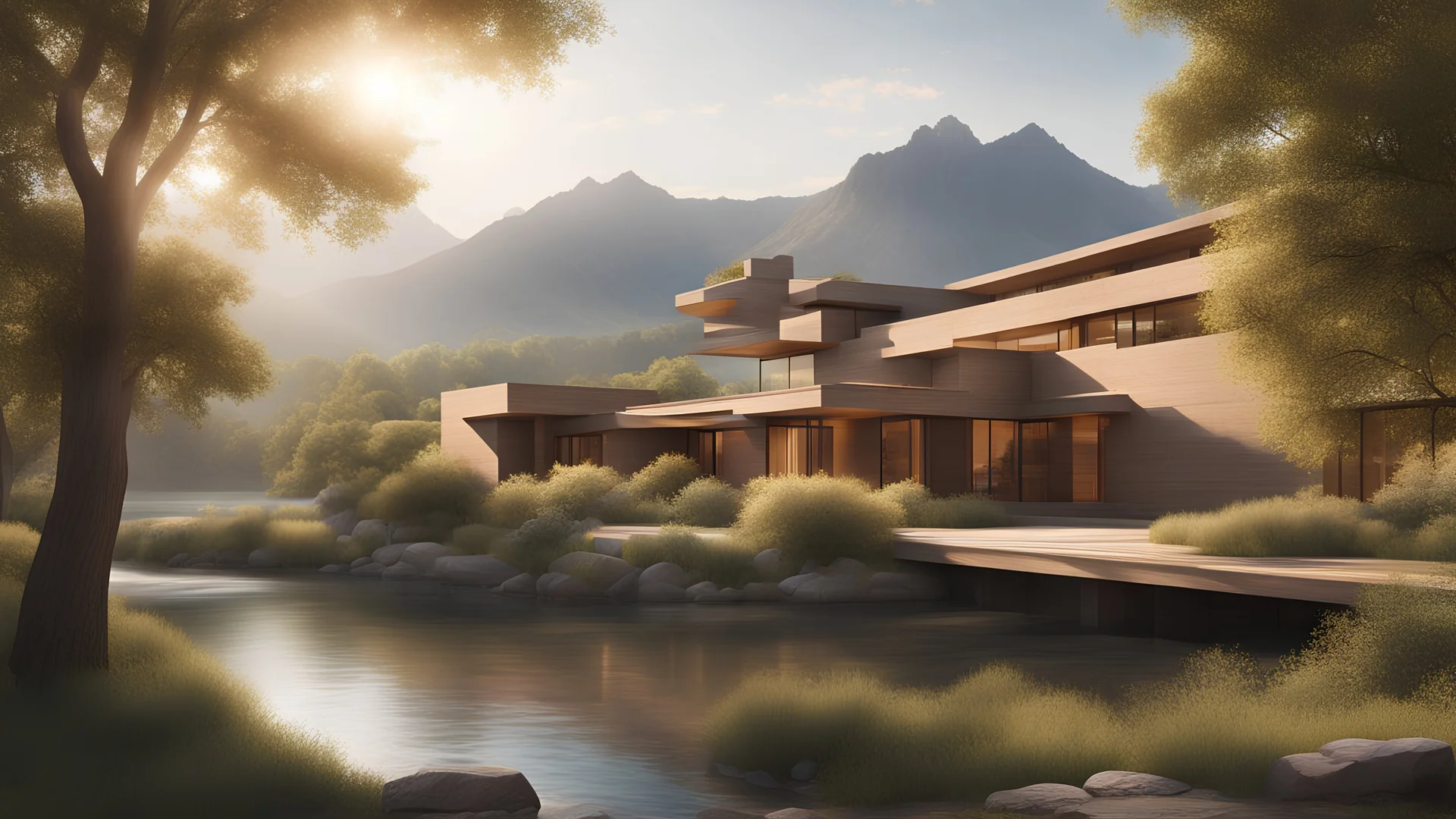 beautiful house, perfect architecture, style Frank Lloyd-Wright, rural environment, sunshine, volumetric lighting, trees, river, distant mountains, award-winning photograph, photorealism, superb details, light and shade, beautiful composition, attractive, peaceful, exquisite