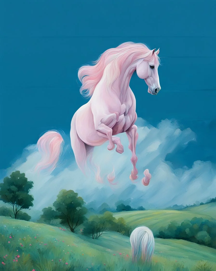 a pink horse in hills like a 19th painting