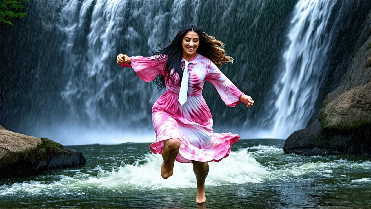 Hyper Realistic Photographic Close Shot Of A Beautiful Pashto Woman With Long Black Wet Hair Wearing A White And Pink Tie-And-Dye Dress, Happily Jumping On A River Water And Enjoying Rain With A Beautiful Waterfall And Cloudy Weather At Heavy Rainfall Showing Dramatic And Cinematic Ambiance.