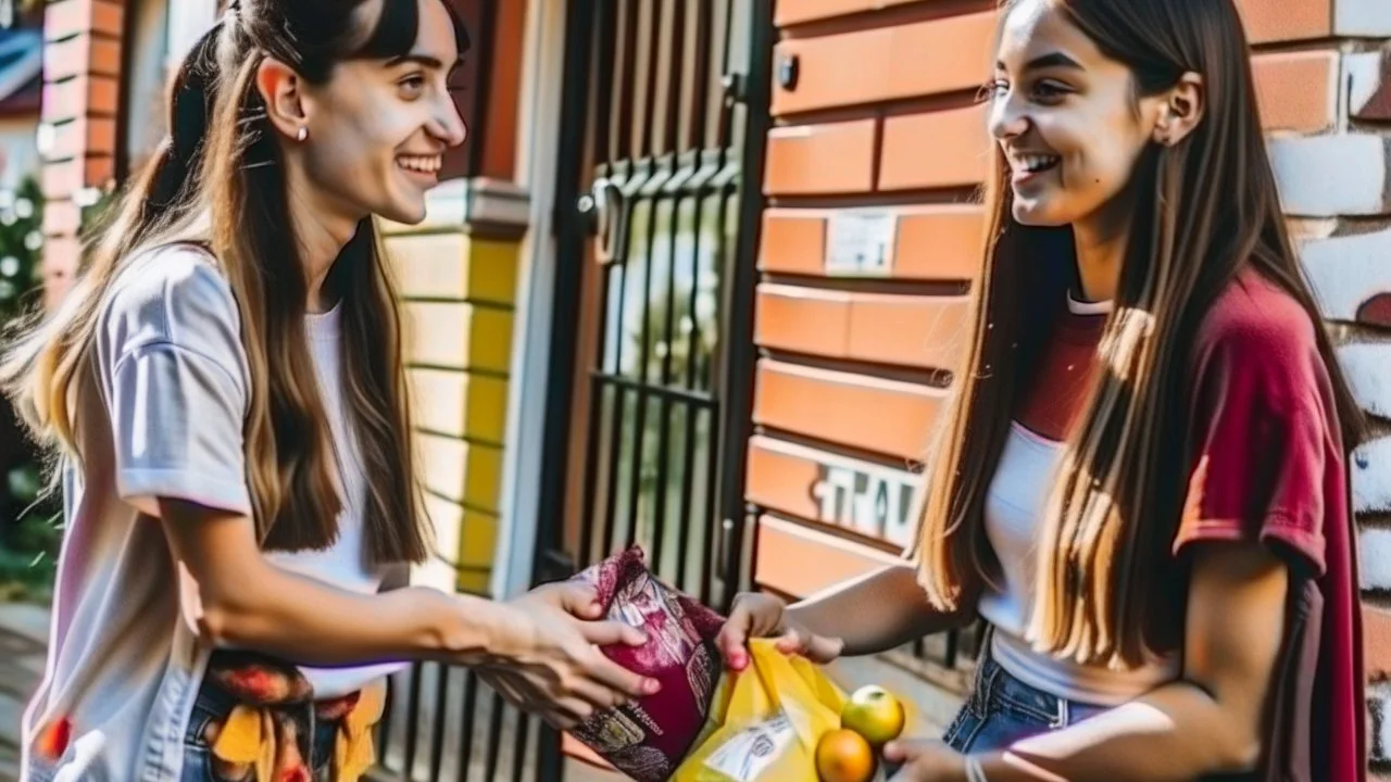 strung out girl receiving cash for her groceries to woman at house