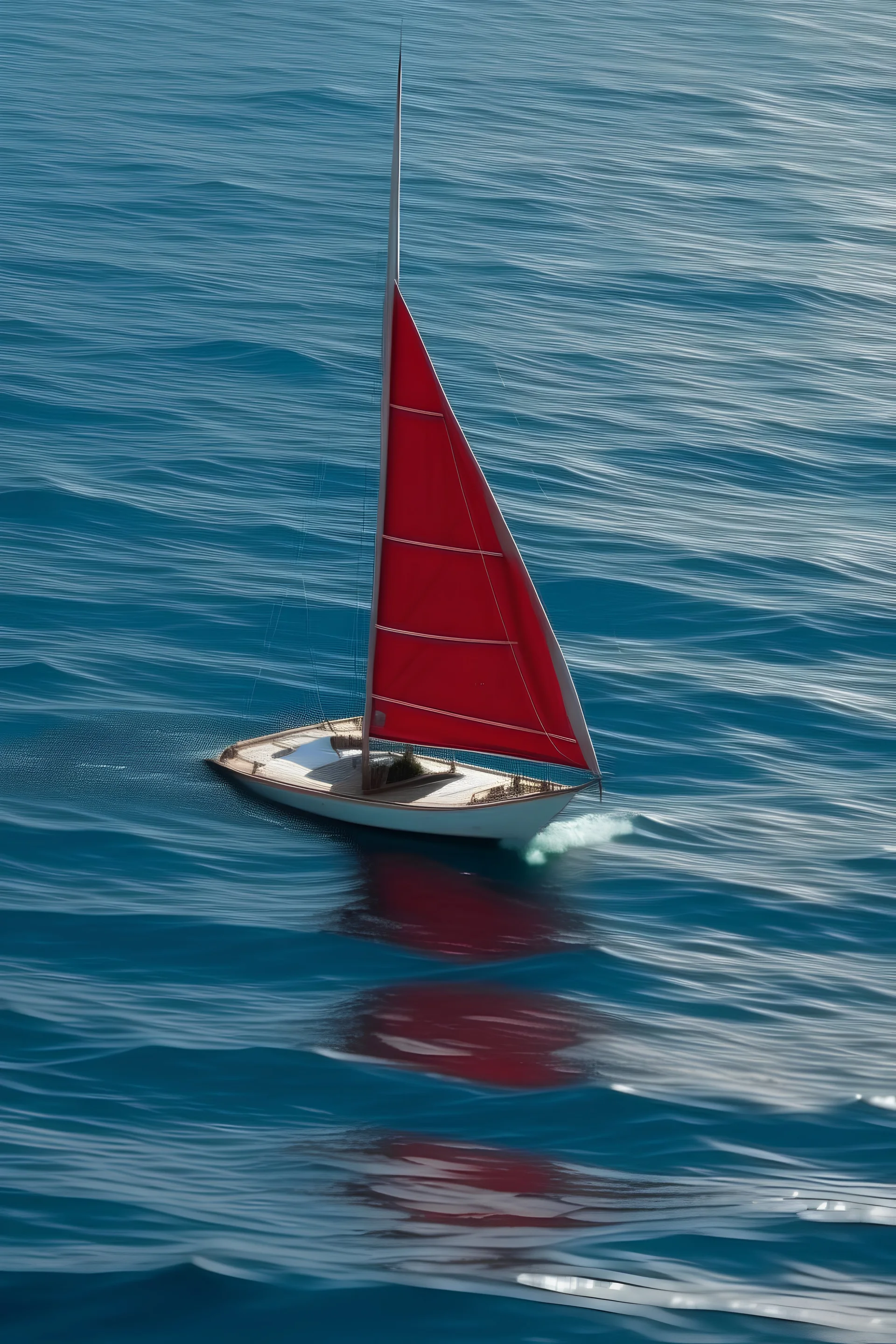 very small sail boat red ship with a white stripe the ship is 50 years old and far away out in the ocean bad quality the ship is so far that it is hard to see it has algee and holes further away than 500 meters