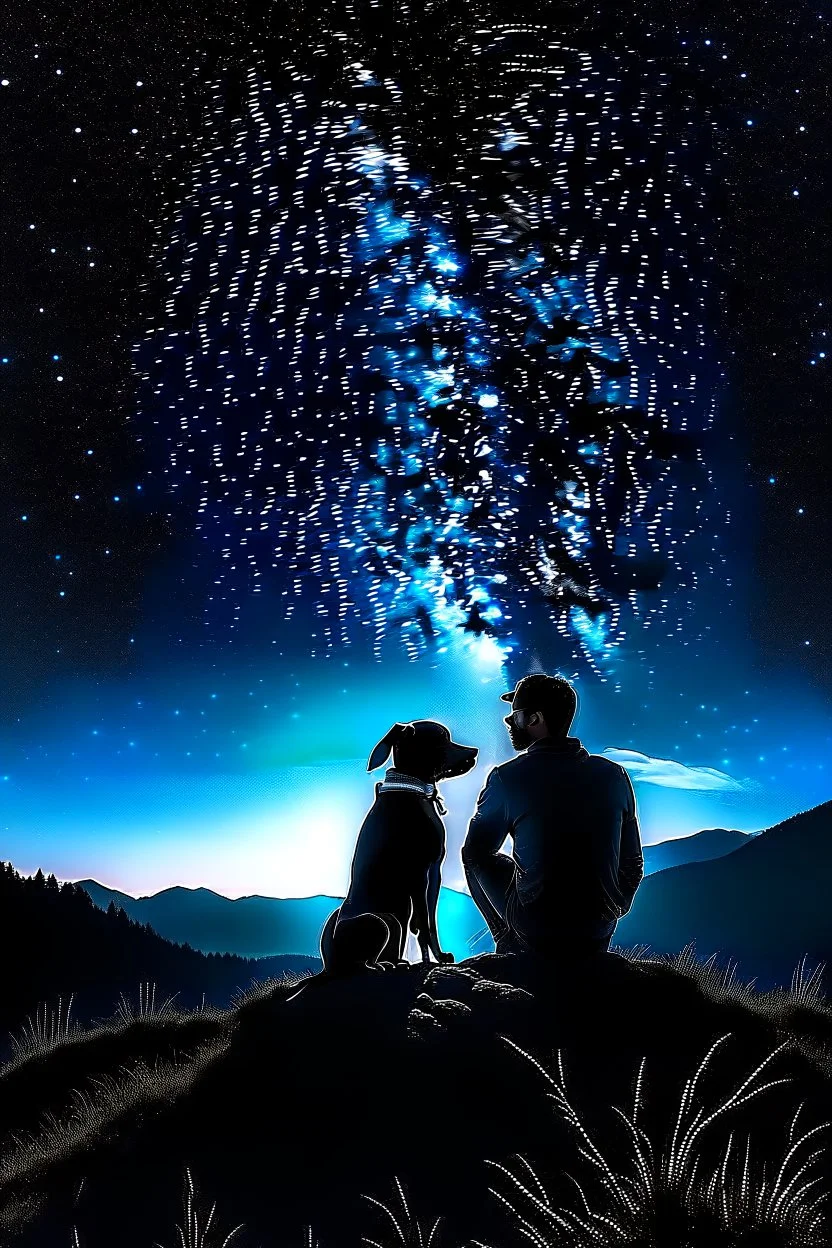 Black background on a mountaintop. A silhouette of a fit human man and a silhouette of a fit human woman sitting close to each other, looking at the stars. A large dog is in the photo behind the woman and the man.