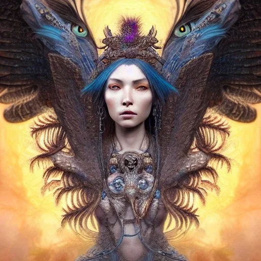 Insanely detailed photograph of an elaborate beautiful hawk goddess intricate glowing skin eyes intricate face hair lashes fur dress hyperdetailed painting by Anna Dittmann Huang Guangjian and Dan Witz CGSociety ZBrush Central fantasy art album cover art 4K 64 megapixels 8K resolution HDR Greek shiny space colours jewelry celestial hair eyes light"