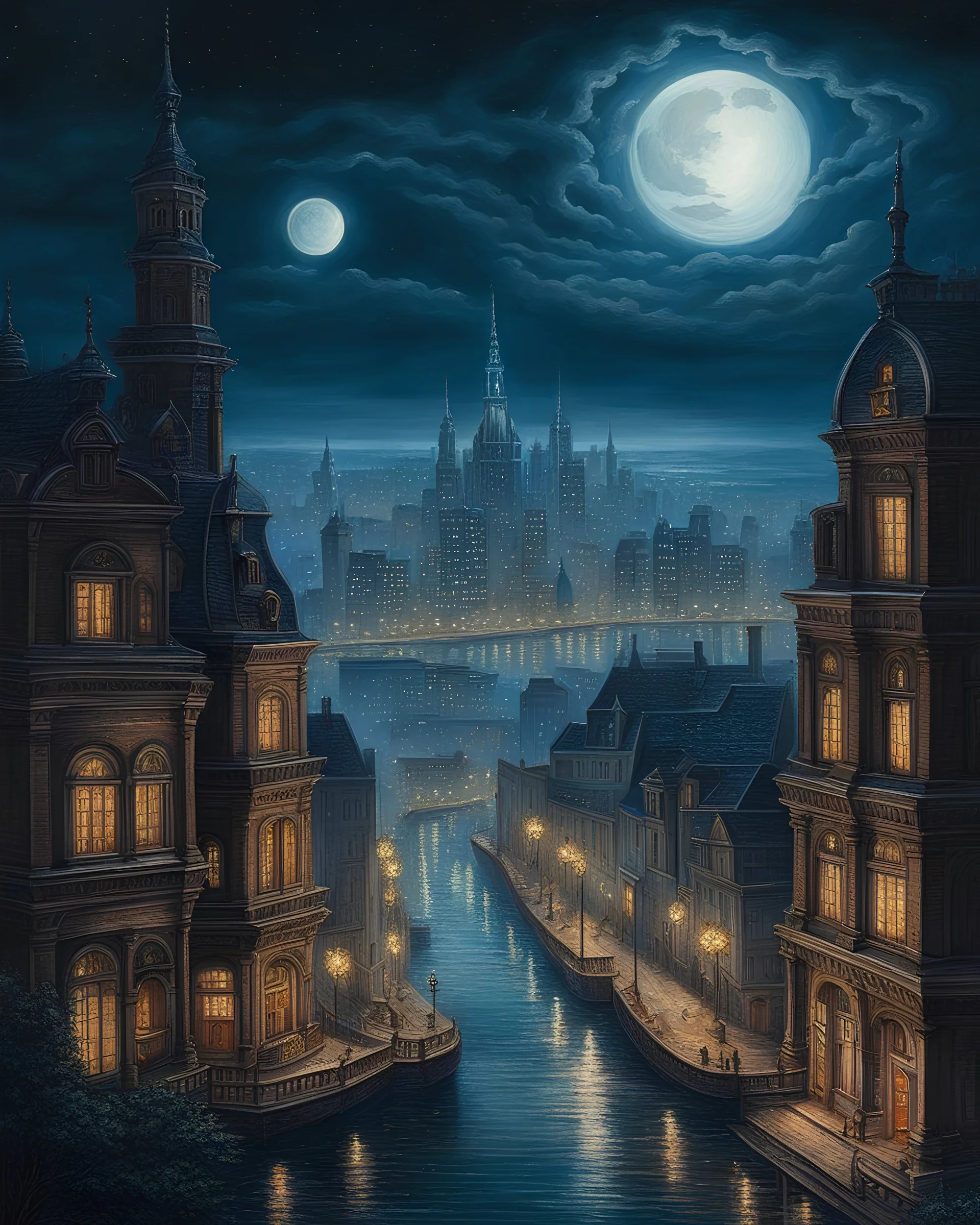 Incredible detailed utopian cityscape at mystic night, in the style of a classic color pencil painting, moonlight, hight angle, close-up, carefully balanced composition, depth of scene, charmingly selected muted dark complimentary colors based of the brown colour, inspiration from old Chicago, inspiration from the best landscape painters of the past, including Aivazovsky, Leonardo da Vinci, Titian, Gustav Klimt, voluminous diffused light, backlighting, smooth paint transitions, reflections on su