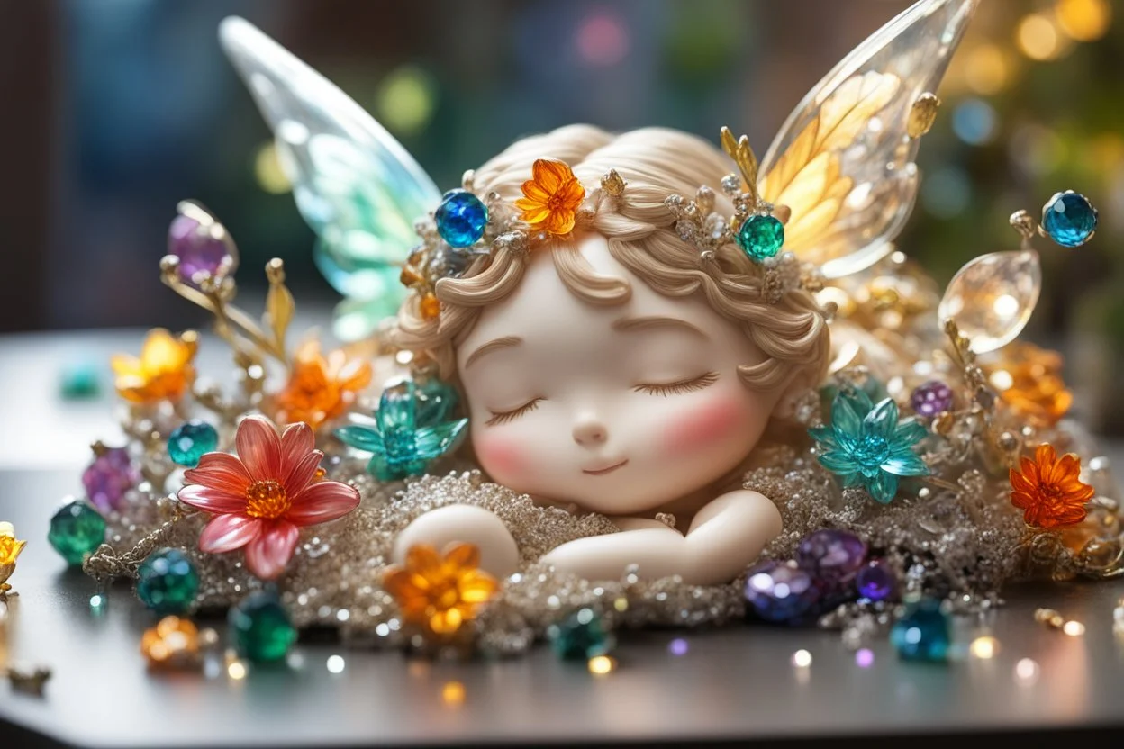 closeup, cute chibi sleeping fairy, Coloured glass flowers set with gemstones, glittering metal stems and gemstone leaves on a room table sharp focus elegant extremely detailed intricate very attractive beautiful dynamic lighting fantastic view crisp quality exquisite detail in the sunshine gems and jewels